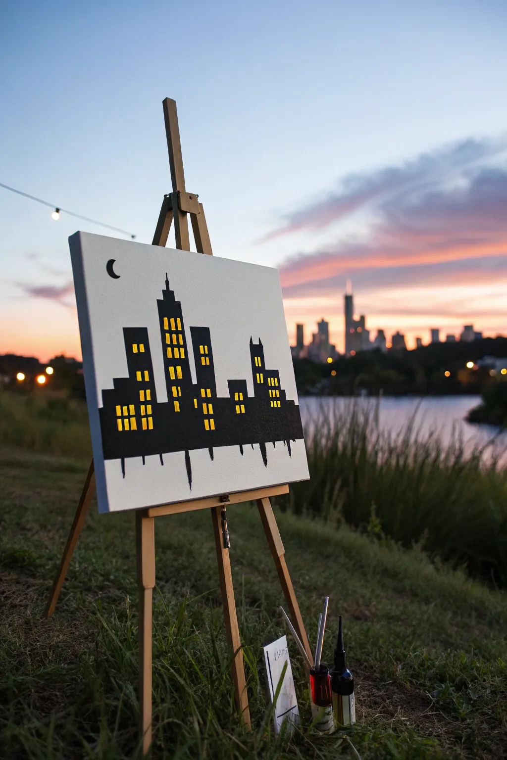 Paint night made easy: a crisp black skyline silhouette set against a soft twilight gradient.