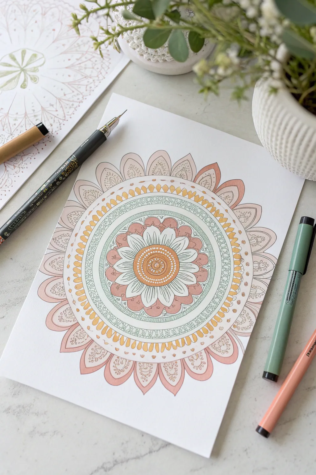 Color blob base with delicate white paint pen linework, minimalist boho, high-contrast art.