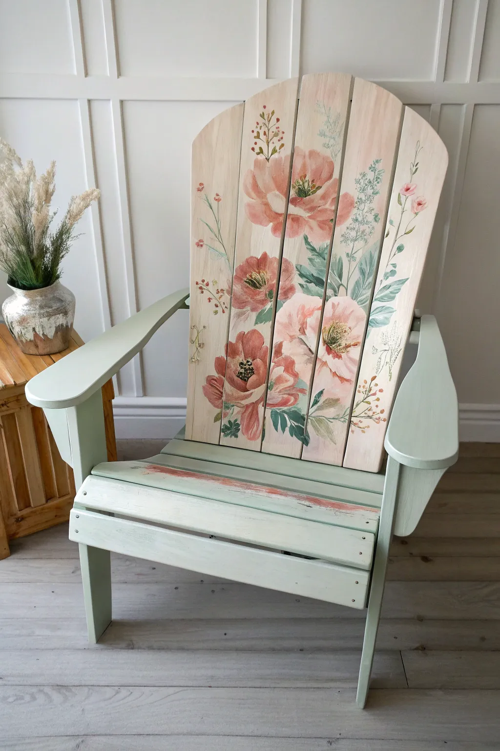 Big, loose florals across the back slats for an effortless, hand-painted Adirondack look