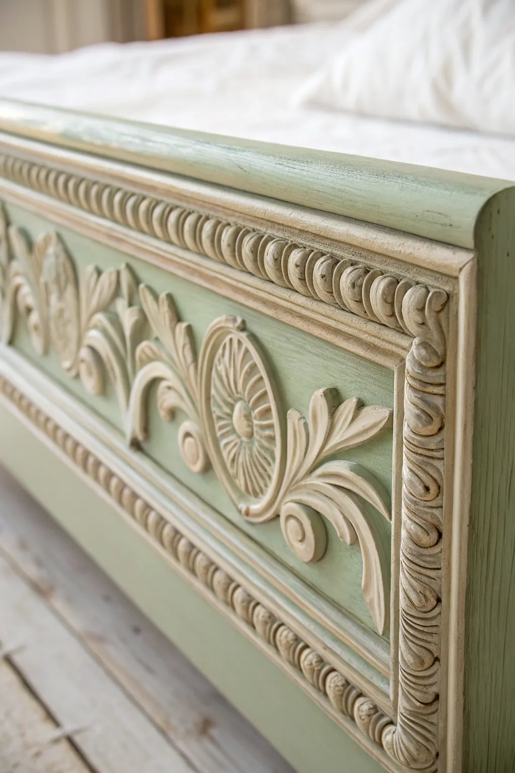 Dry-brushed highlights on carved trim bring soft depth and texture to a painted bed frame.