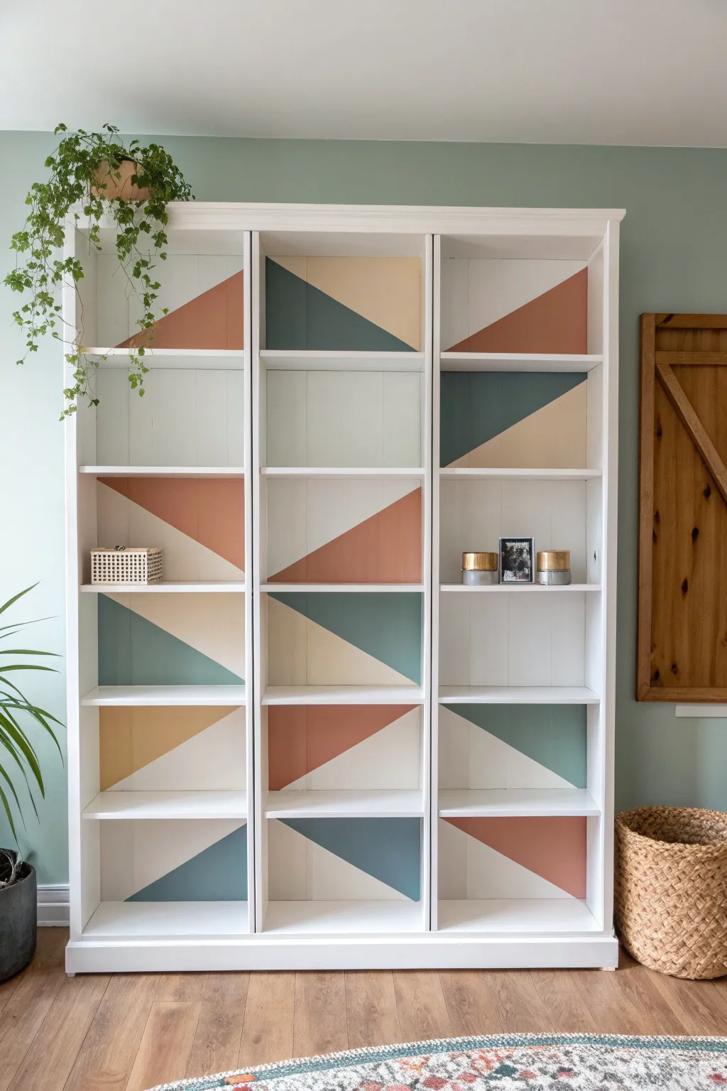 Geometric color-block shelves that read like a mini mural, minimal, boho-soft, and bold.