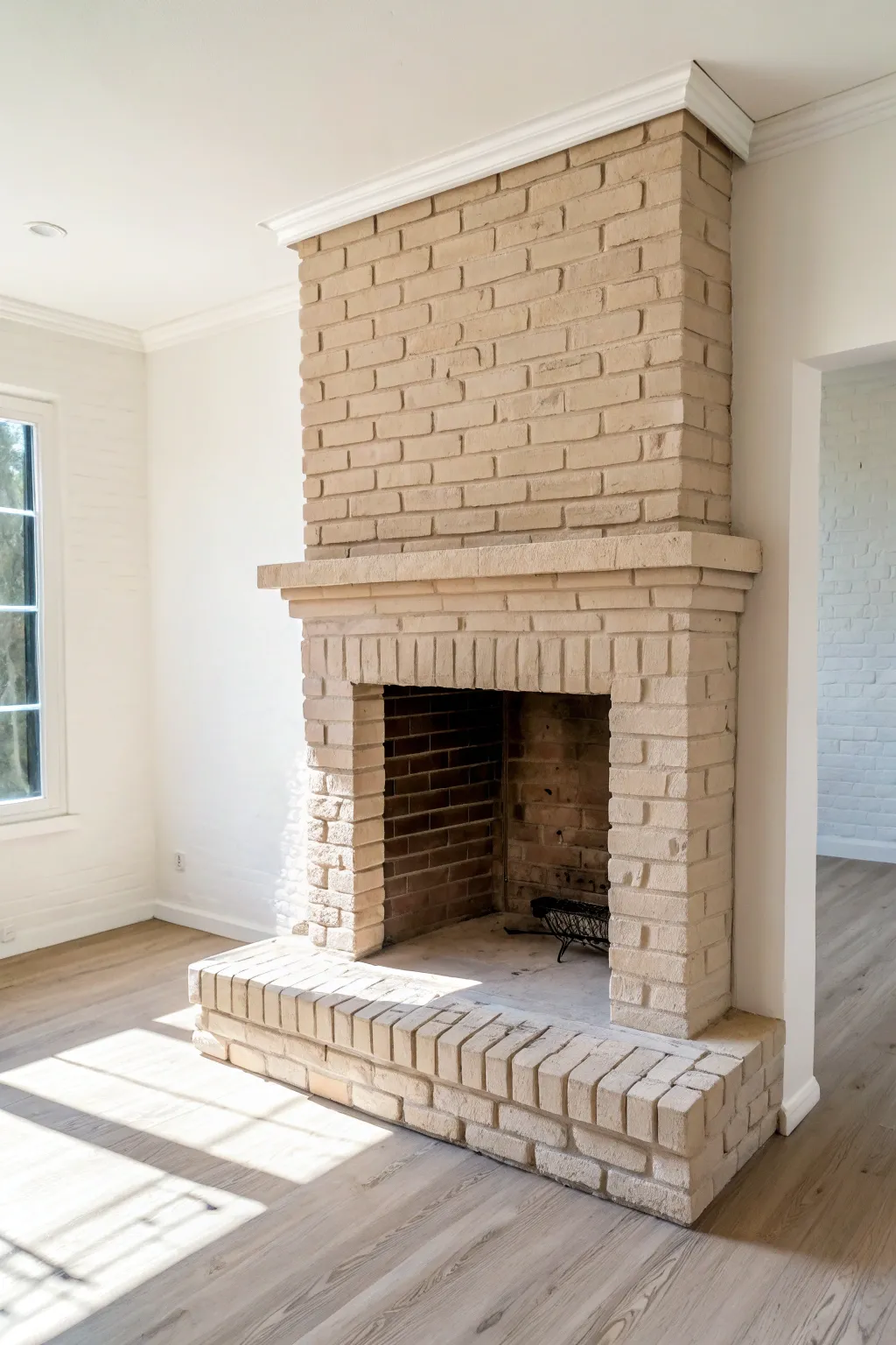 Paint the hearth to match the surround for a seamless brick fireplace that feels tidy and modern