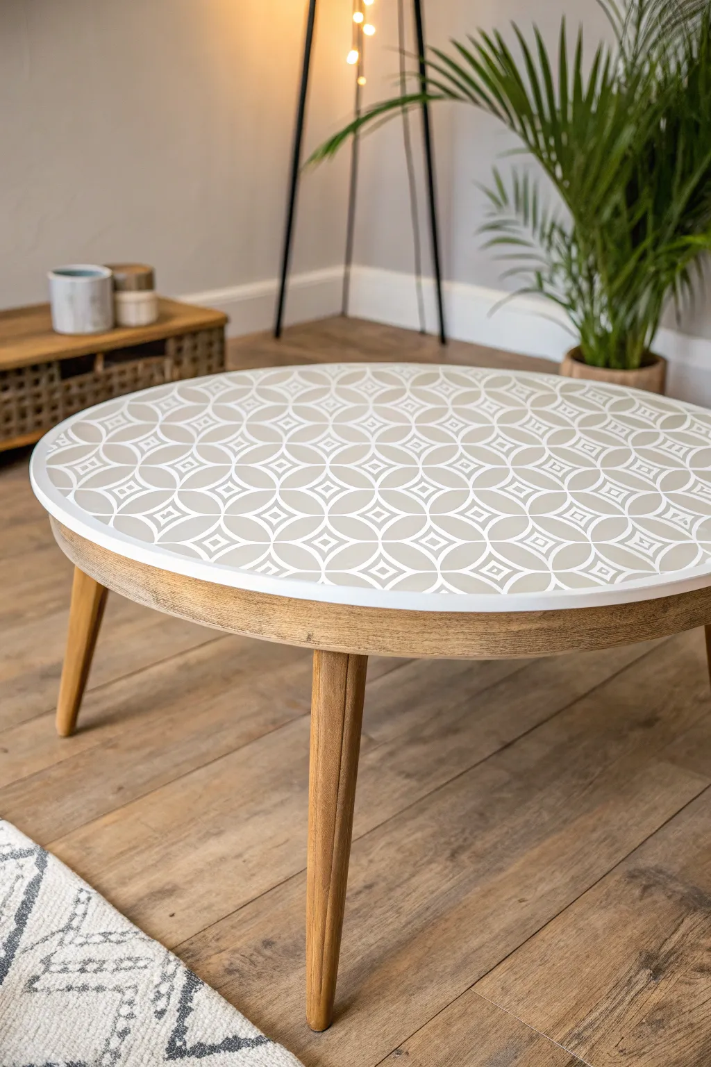 A minimalist coffee table with a crisp stenciled top pattern and close-up texture detail