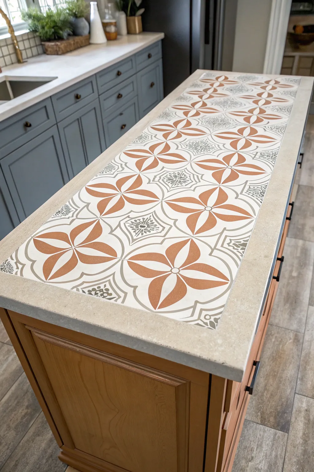Stenciled tile-look countertop paint idea with crisp lines and a soft satin, wipeable finish