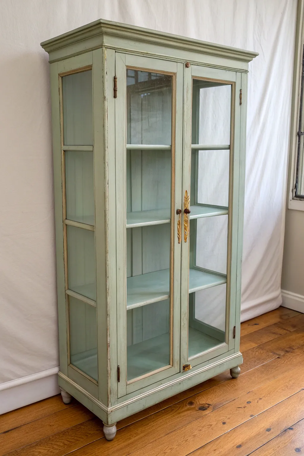 Soft sage curio cabinet with lightly distressed edges for a calm, timeworn finish.