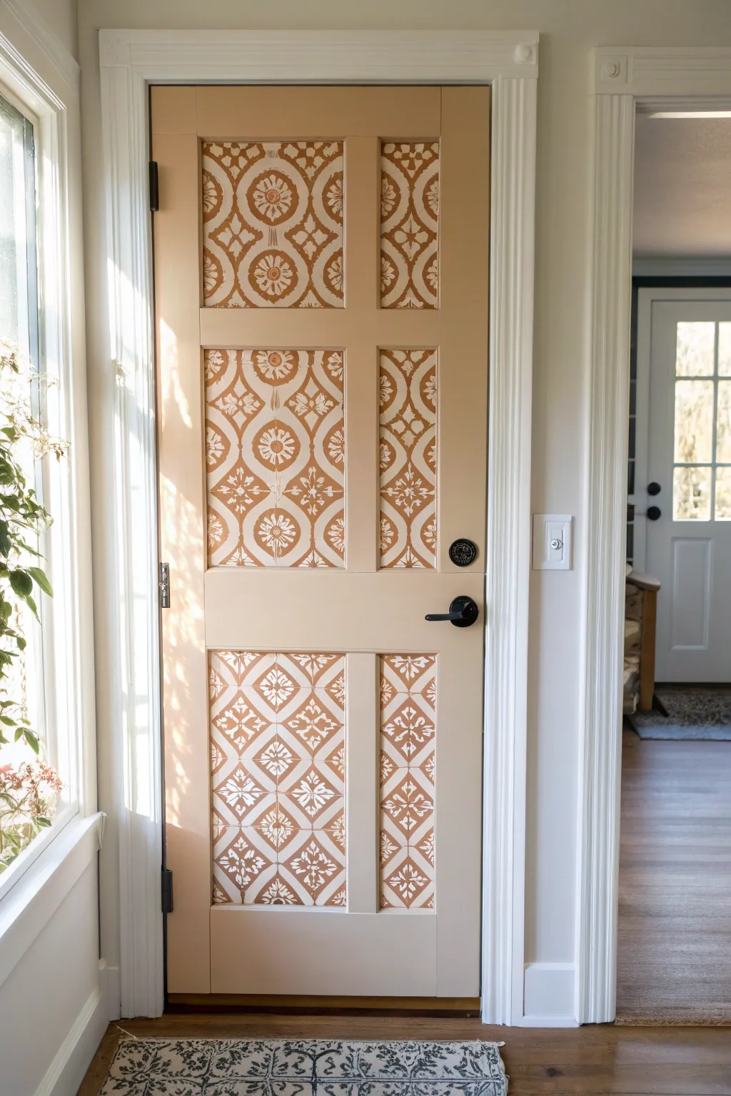 Crisp stencil pattern turns a simple painted door into a subtle Scandinavian-boho statement.