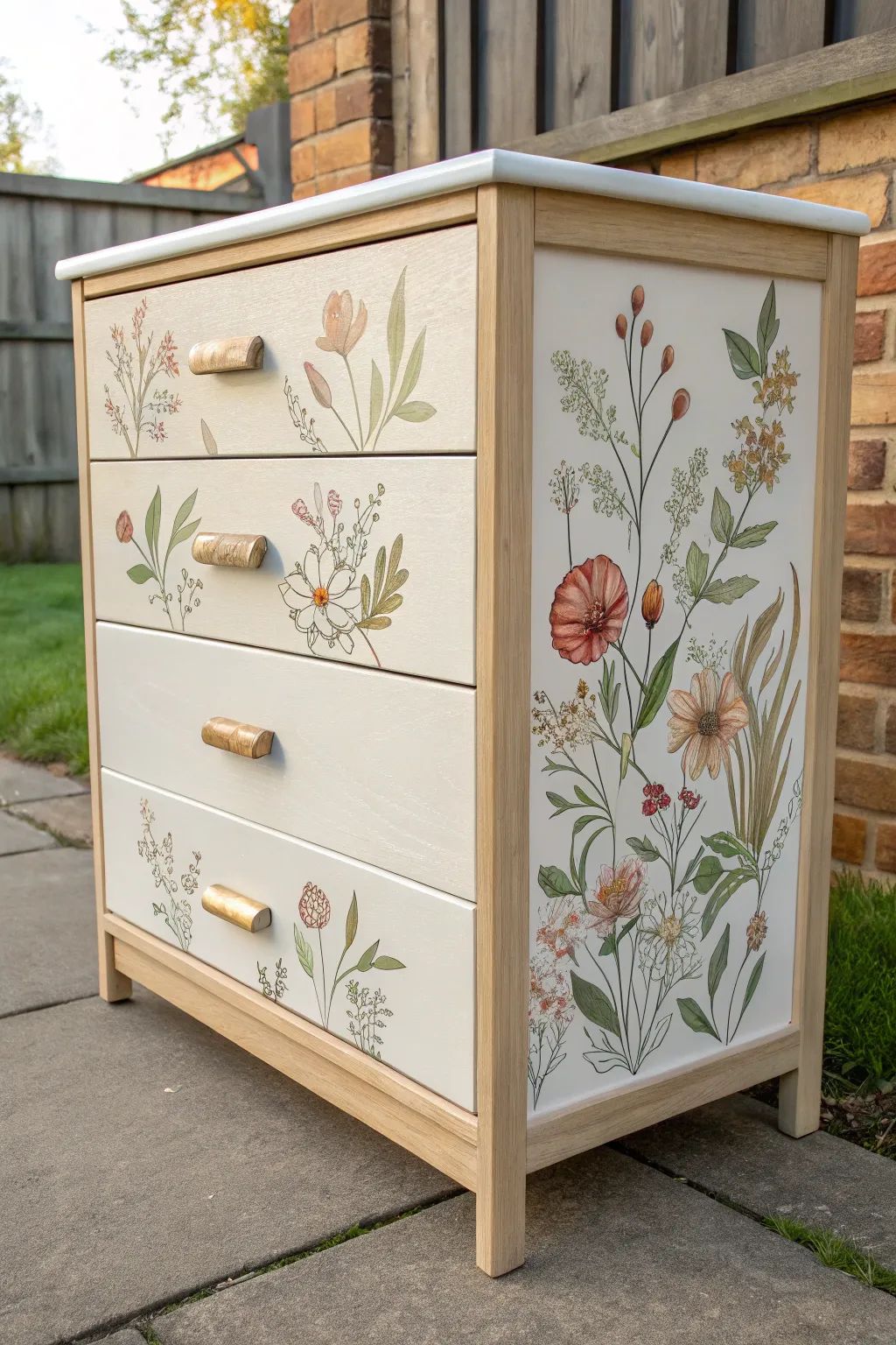 Delicate hand-painted florals drifting across drawers for a calm Scandinavian boho dresser look