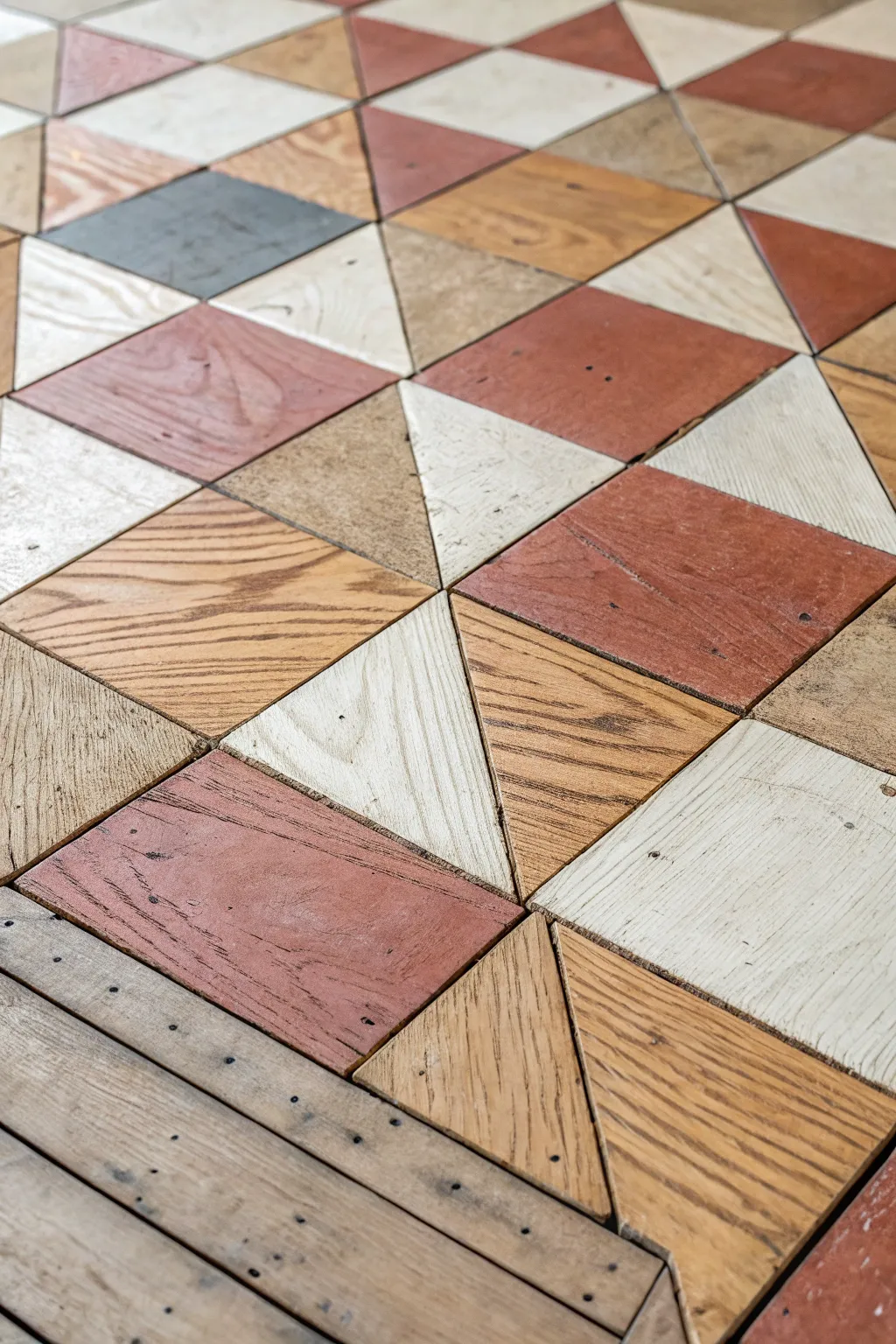 Patchwork-painted plywood floor where every seam becomes a quilt line in calm earthy tones