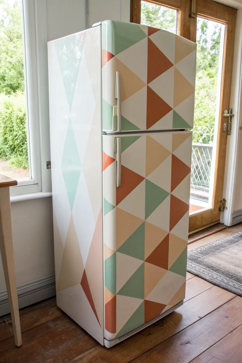 Clean geometric tape triangles in soft sage and terracotta for a modern painted fridge makeover.