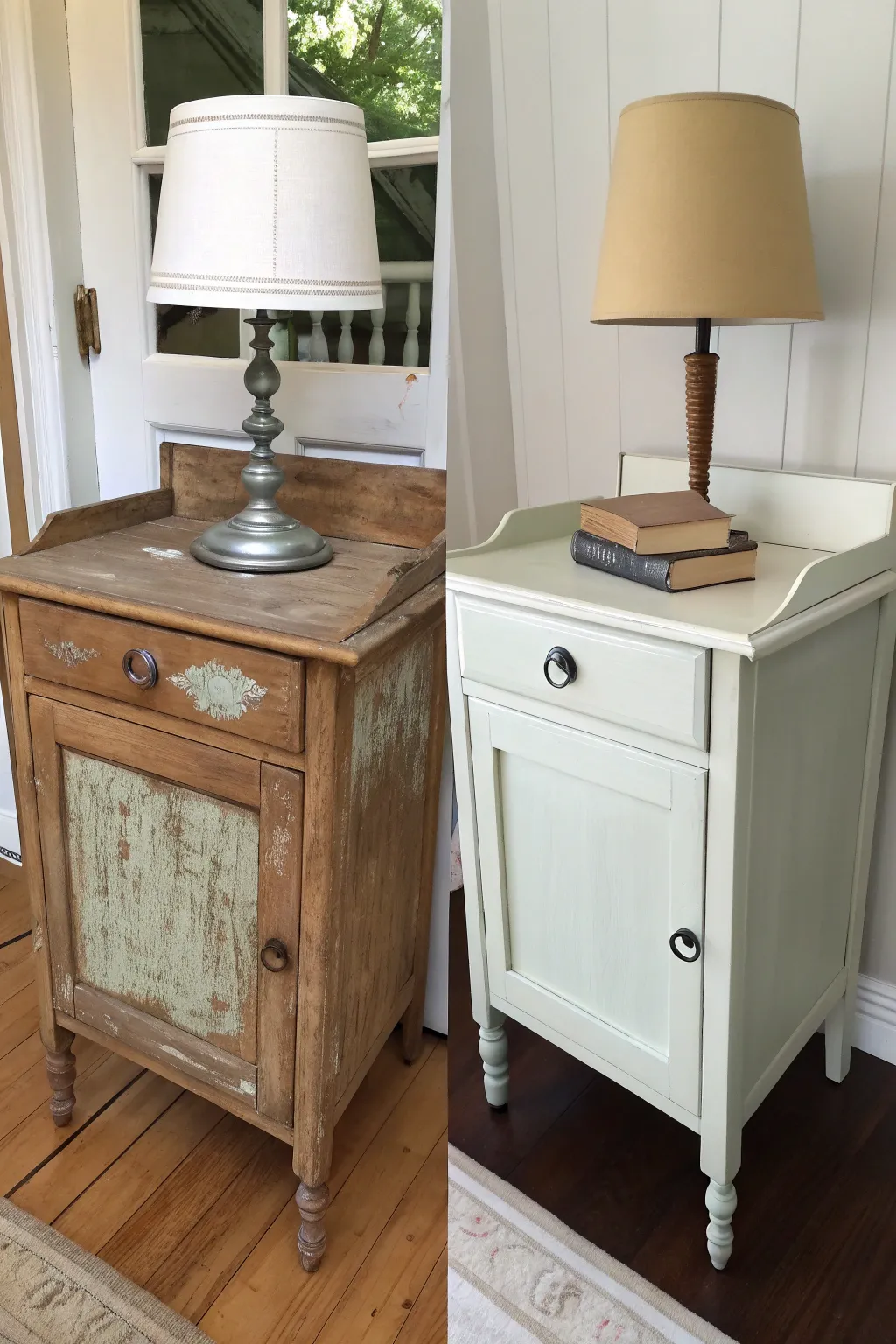 Before and after: antique washstand reborn as painted nightstand with hidden charging hole
