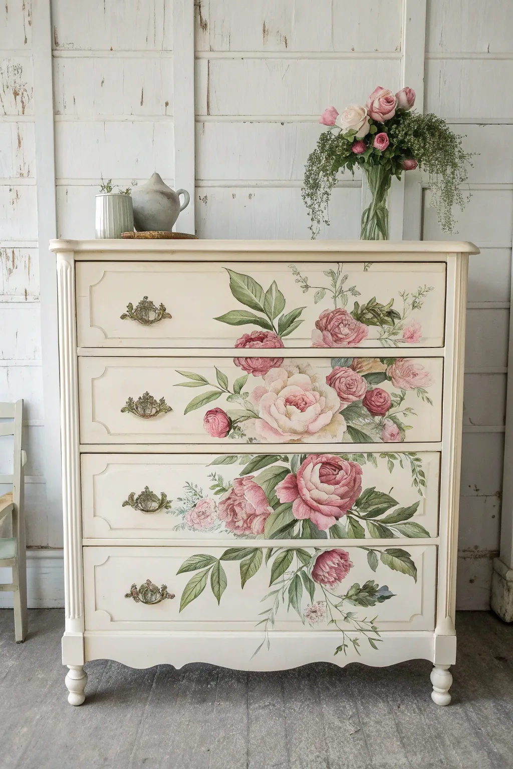 Create a stunning statement piece with these romantic floral furniture transfer ideas.