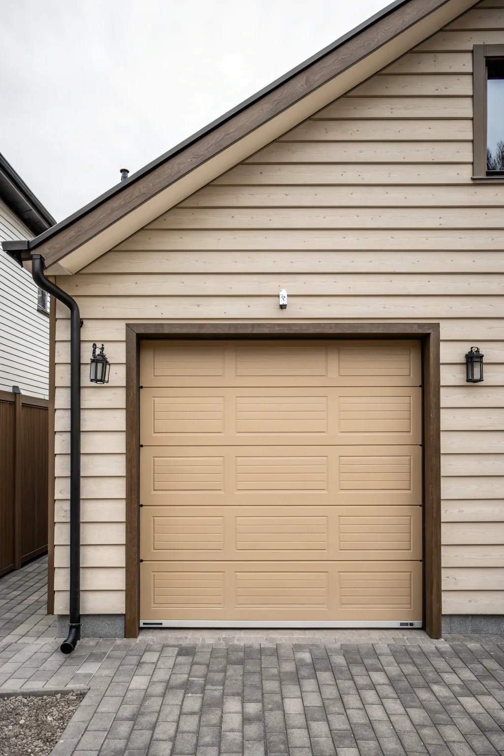 Greige garage door matches the siding for a seamless facade that feels calm and refined.