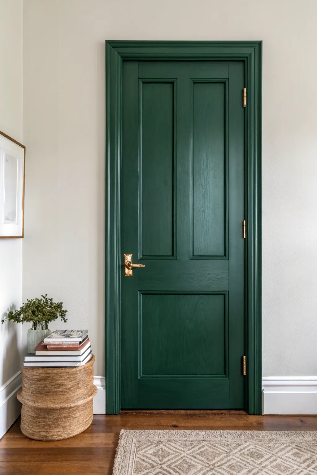 Deep forest green door creates cozy library energy with warm light and minimal boho styling