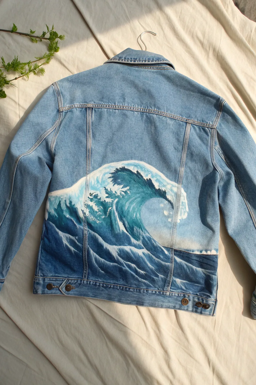 Ocean-wave brushstrokes on a denim back panel, layered blues with crisp foamy whites