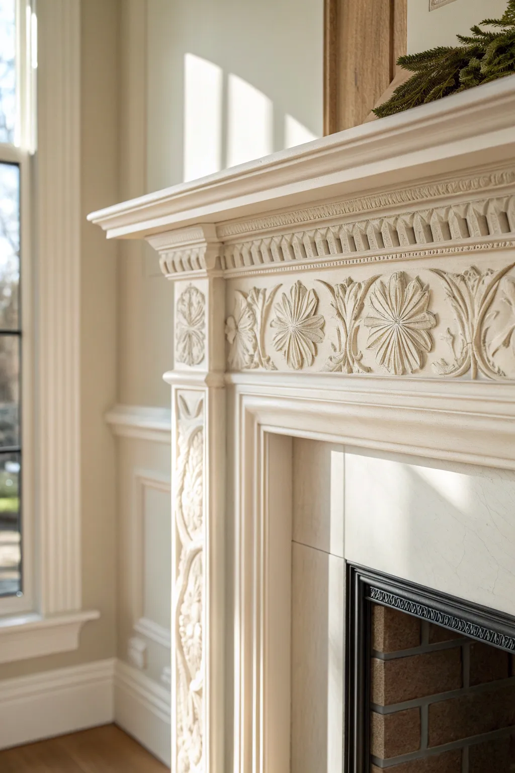 Satin-painted mantel trim that catches the light, making every carved detail softly stand out.