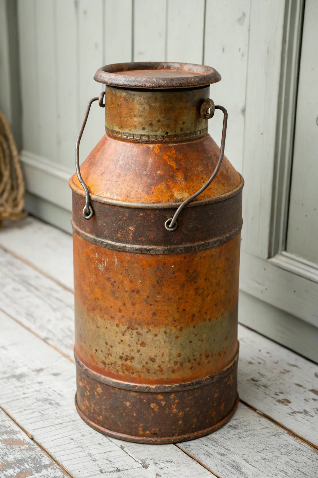 Faux rust and patina layers bring this painted milk can to life with warm, weathered realism