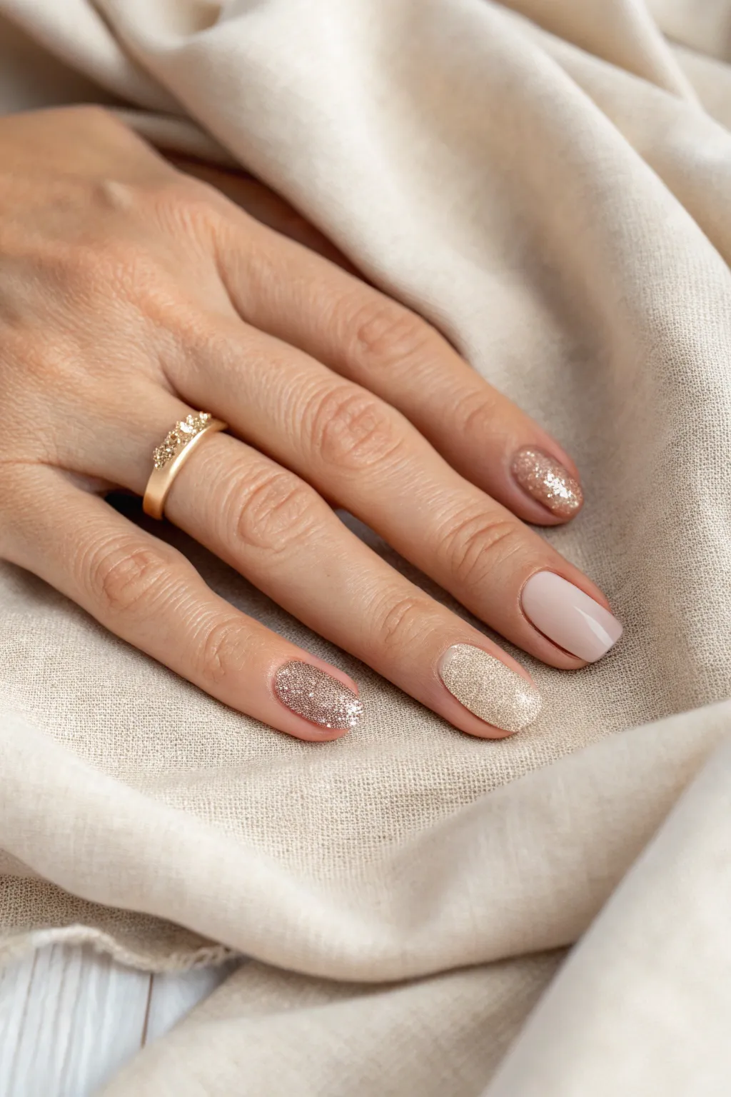 Neutral nude nails with a sparkling glitter fade accent, minimal Scandi-boho light.