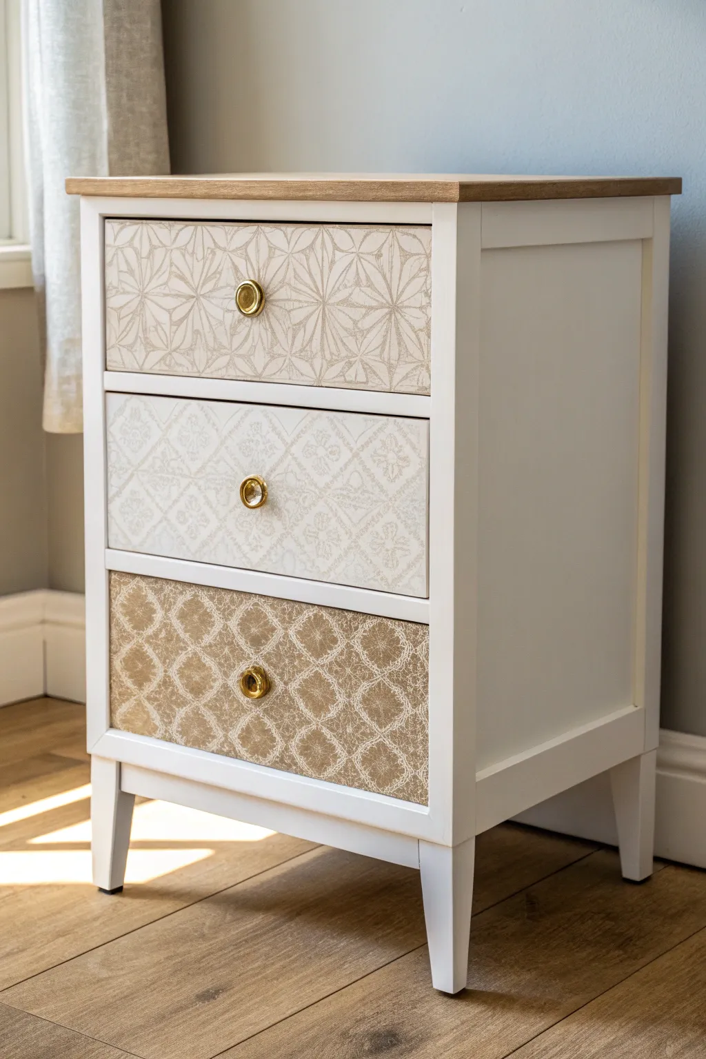 Tile-like stencil details turn a simple painted nightstand into a crisp, cozy boho statement.