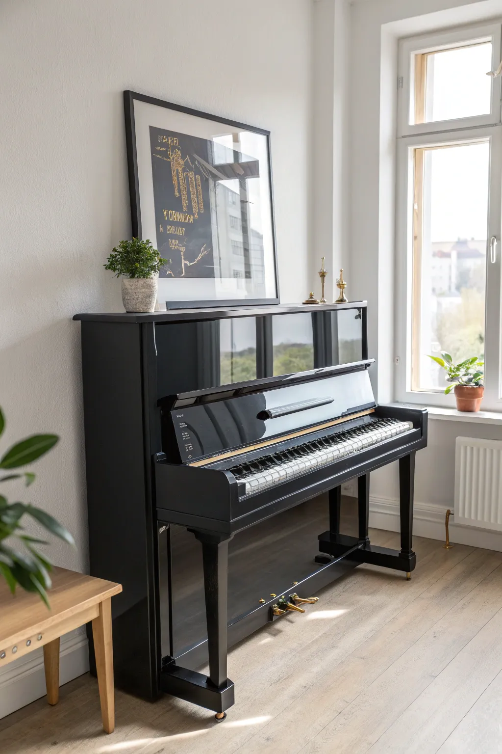 High-gloss painted piano with dramatic window reflections in a clean Scandi boho space