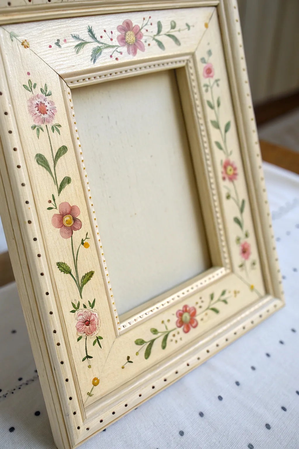 Tiny floral border on a soft painted frame, perfect cottage charm with minimalist calm.