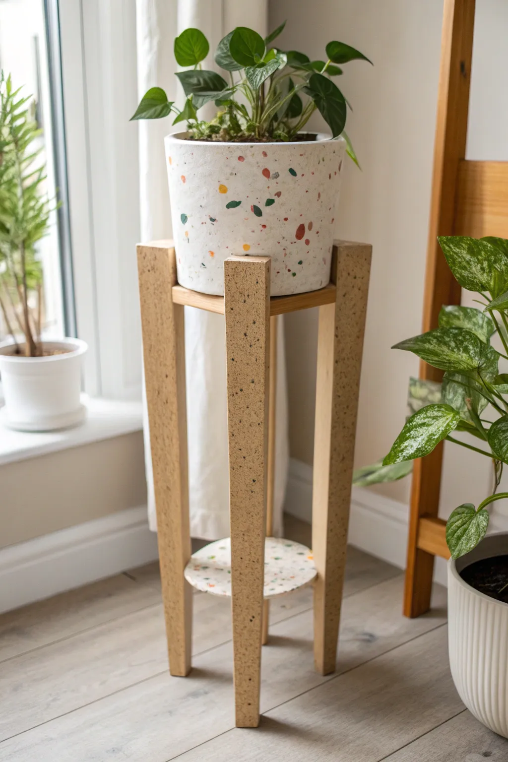 Terrazzo sprinkle speckles add playful charm to a minimalist painted plant stand.