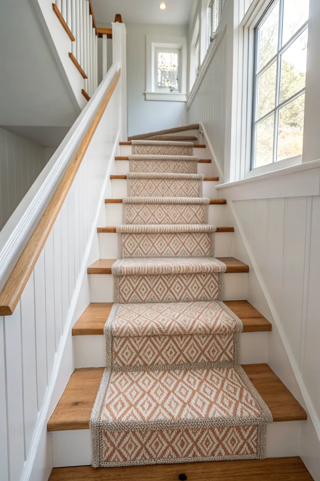 Paint the stair trim in a runner accent color for a subtle, coordinated pattern echo.