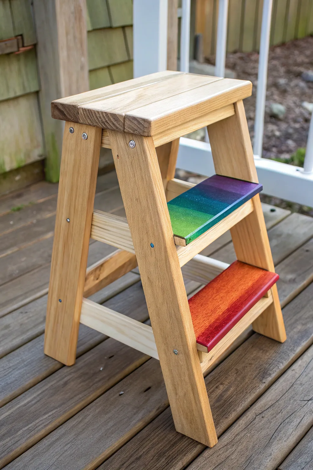 Smooth rainbow ombré sides turn a simple step stool into a soft, modern statement piece.