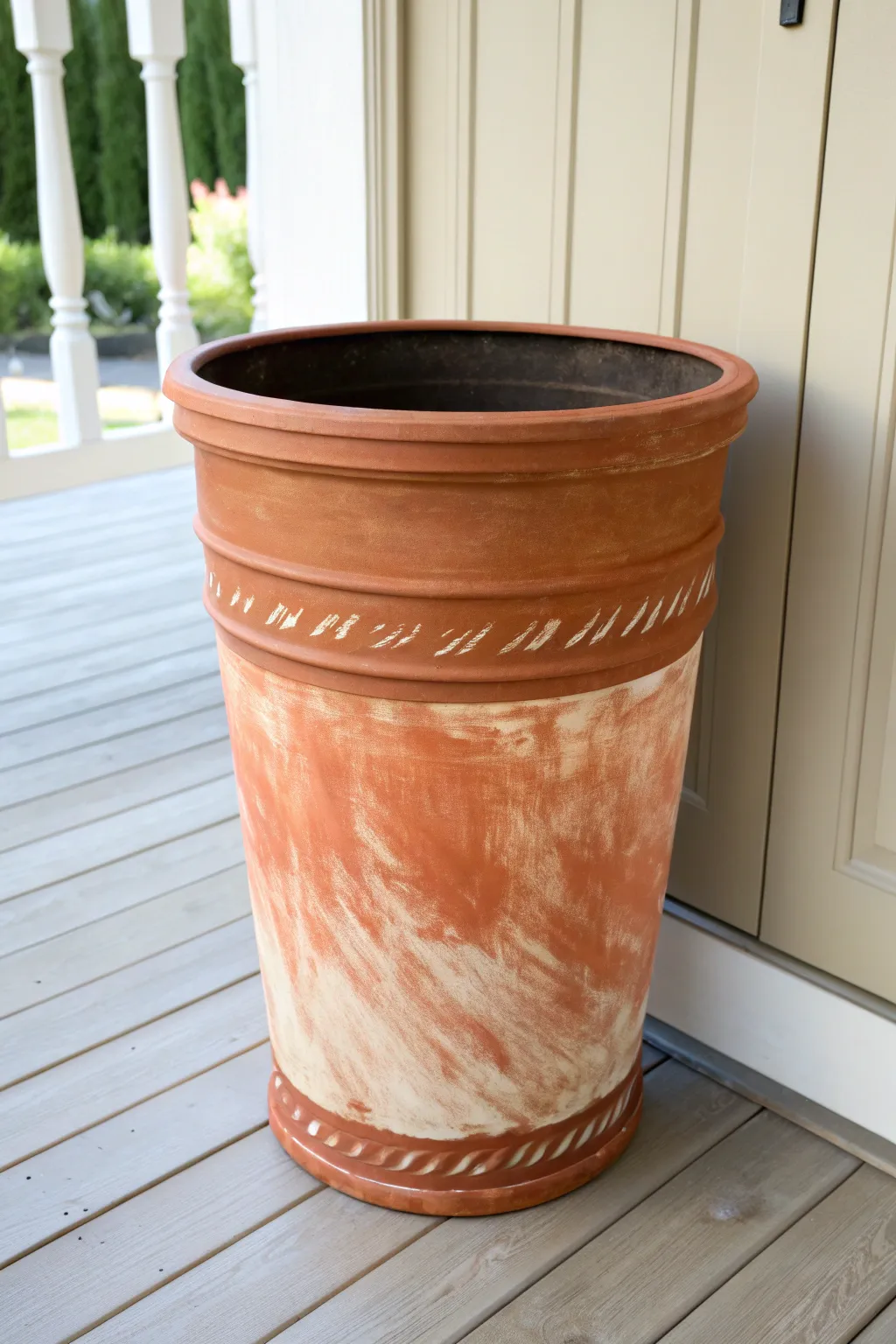 Faux terra-cotta painted trash can that looks like a chic porch planter in minutes