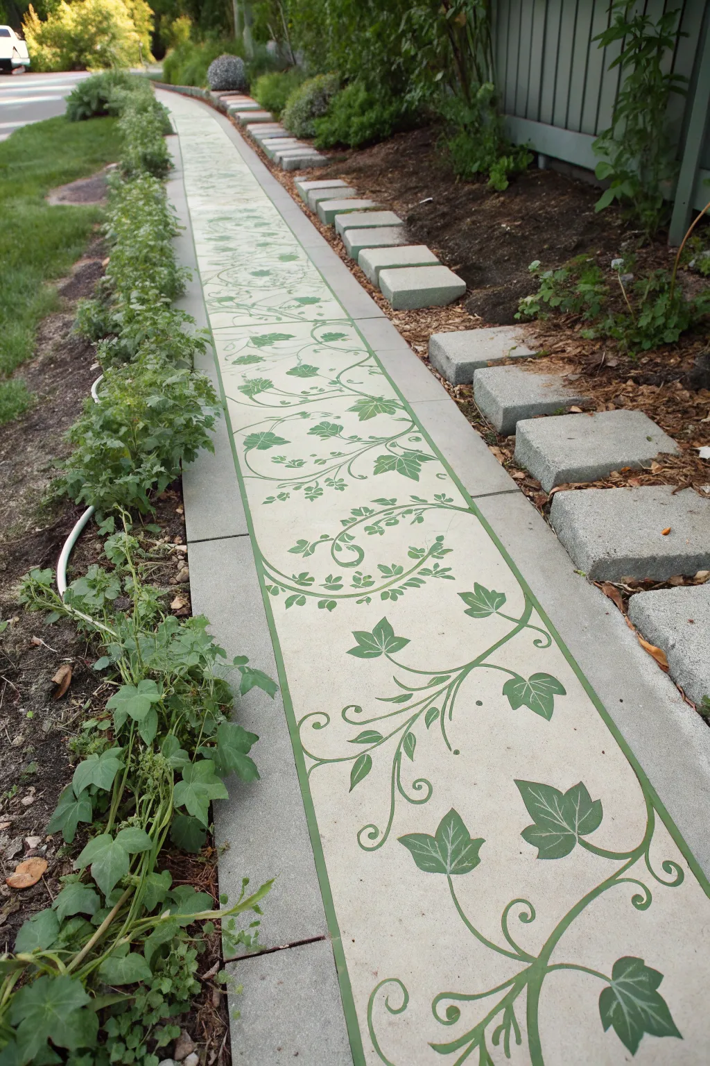 A vine border that appears to crawl along the walkway, seamlessly blending into real garden plants.
