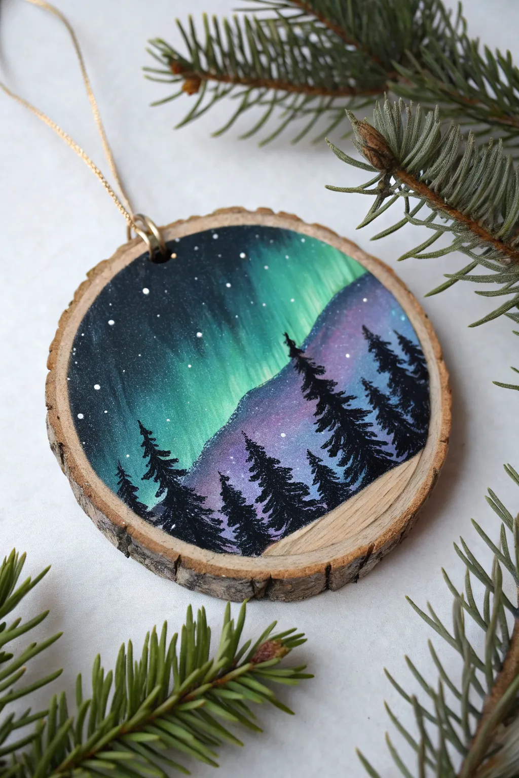 Aurora ribbons glow above dark pine silhouettes on a hand-painted wood slice ornament