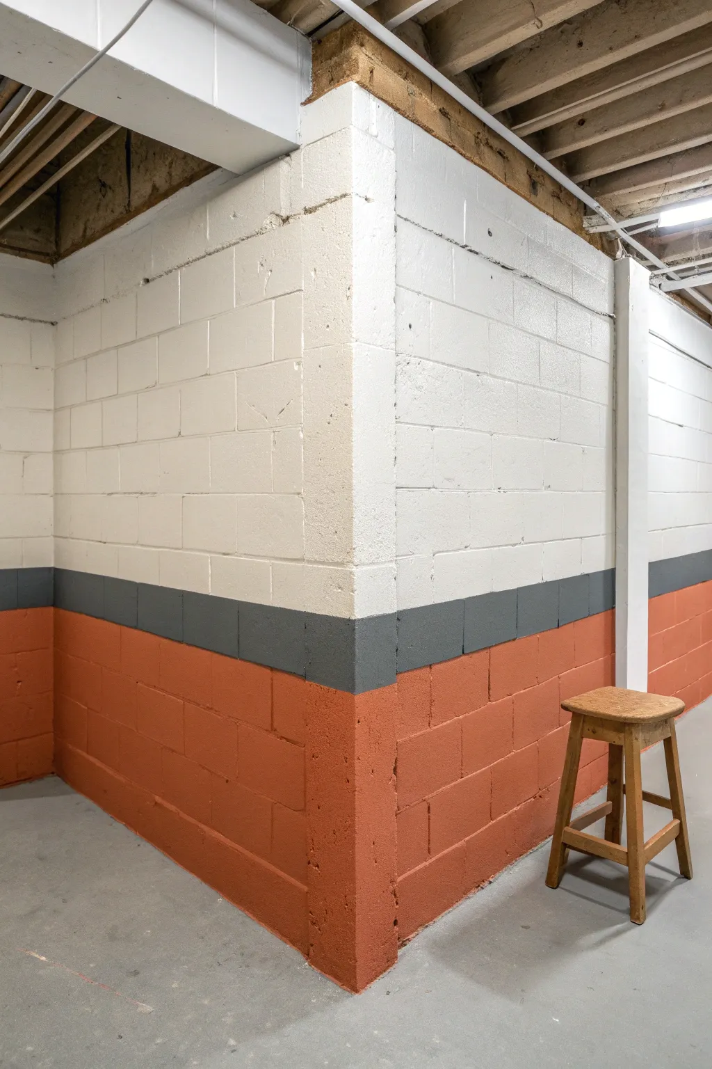 Color-blocked concrete walls create distinct basement zones with crisp tape lines and warm modern neutrals.