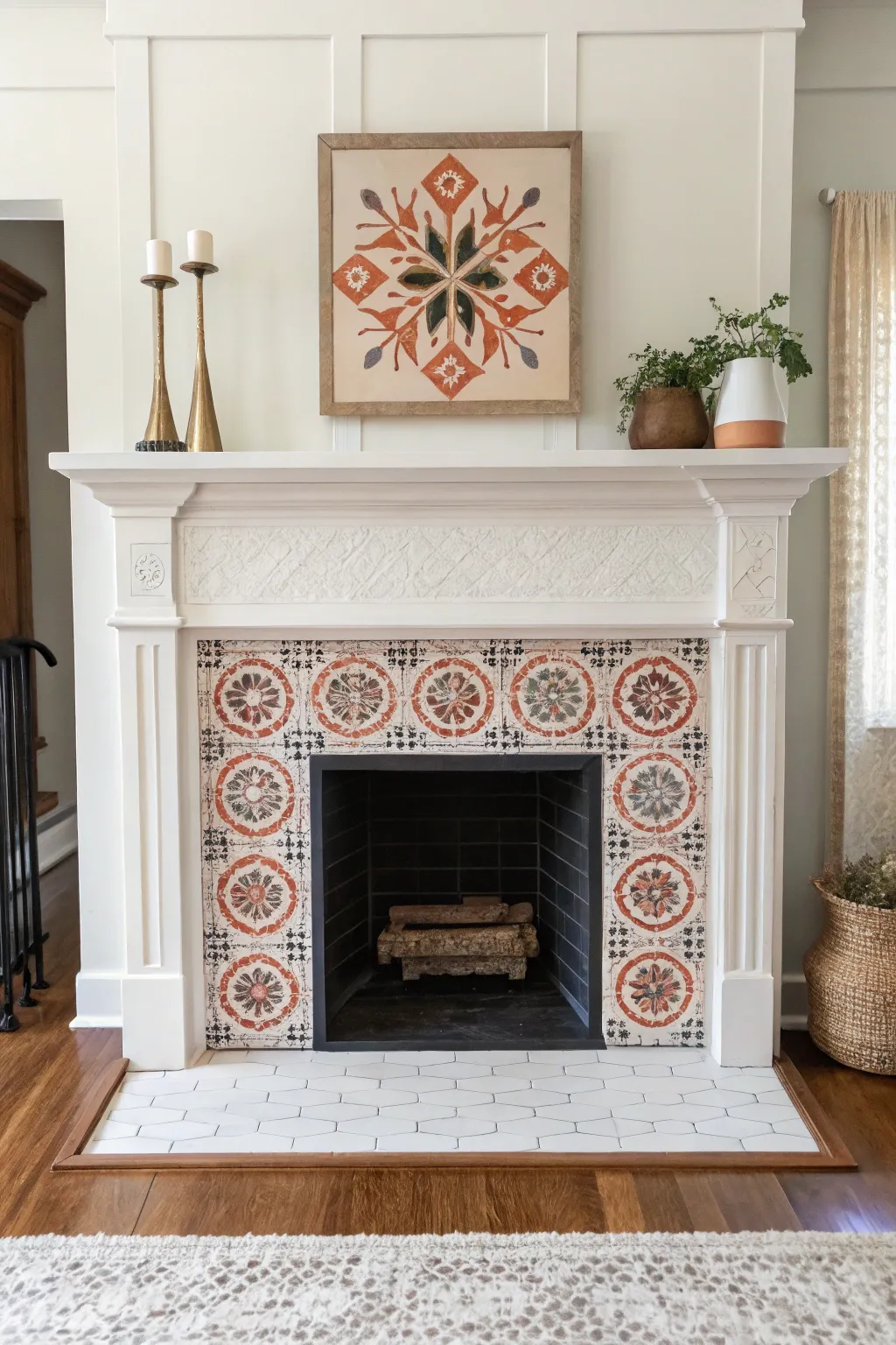 Vintage medallion stencil turns simple fireplace tiles into a bold, artful focal point.