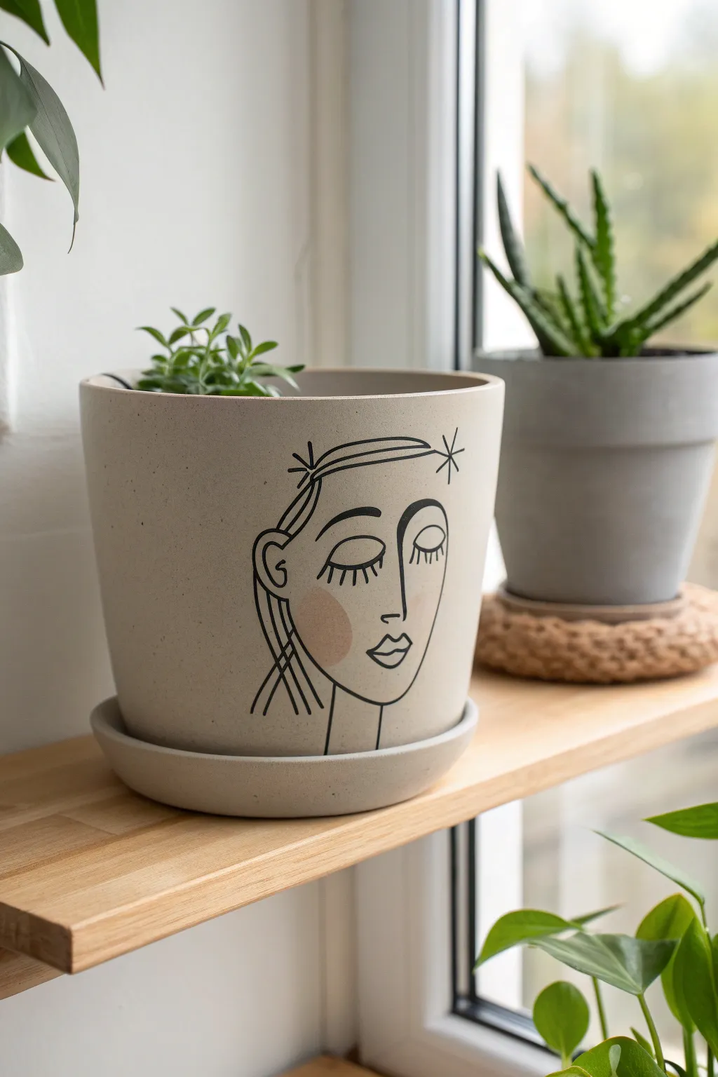 Minimal line-art face flower pot in matte neutrals, styled simply so the design stays the star.