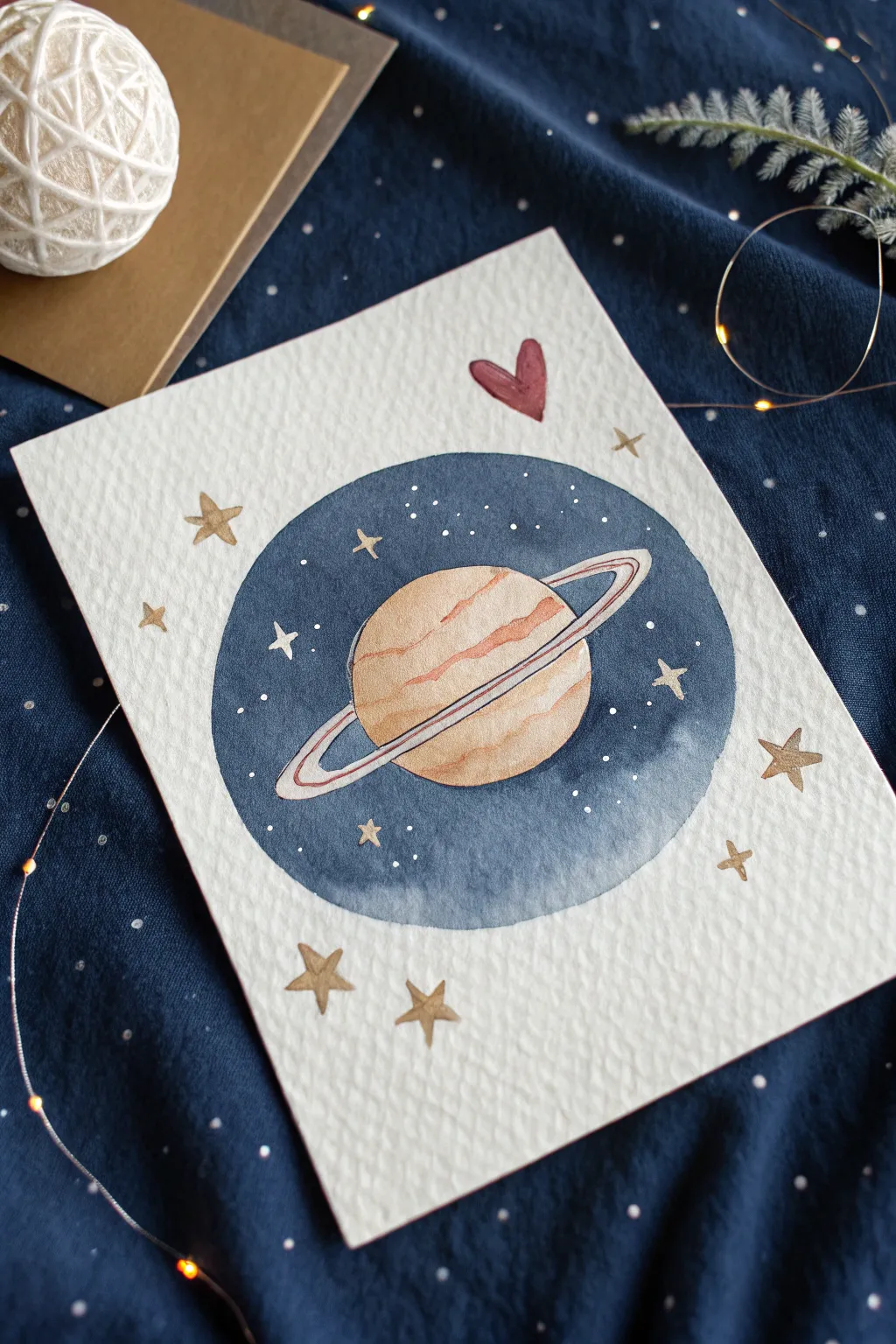 Cute minimalist planet with a heart ring on a deep starry sky, perfect for easy painting