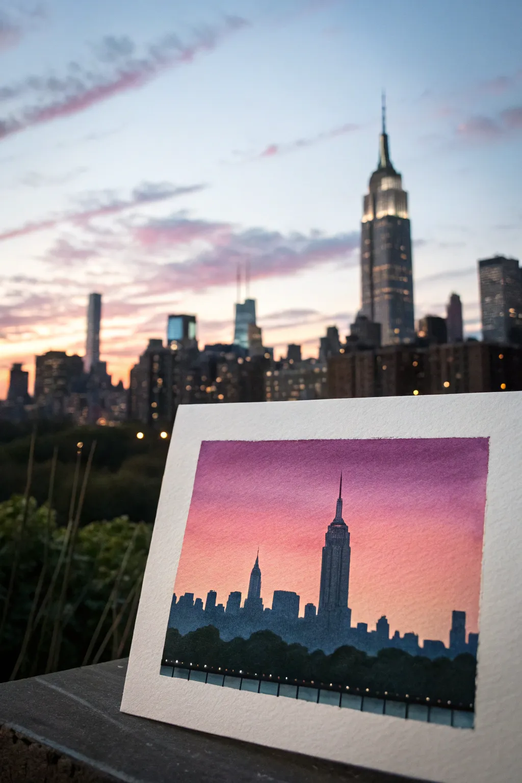 Minimal skyline silhouette painting with a glowing dusk gradient, perfect for modern boho decor.