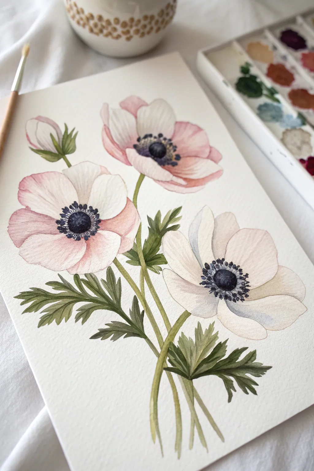Minimal watercolor anemones with inky centers and airy petals, calm Scandinavian beauty