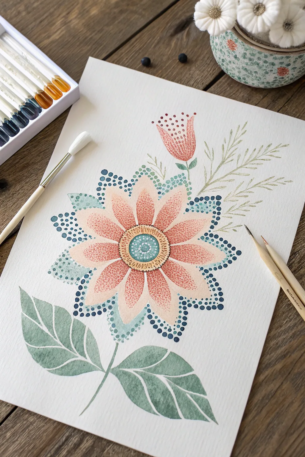 Cotton swab pointillism turns simple dots into a bright flower garden kids love to paint.