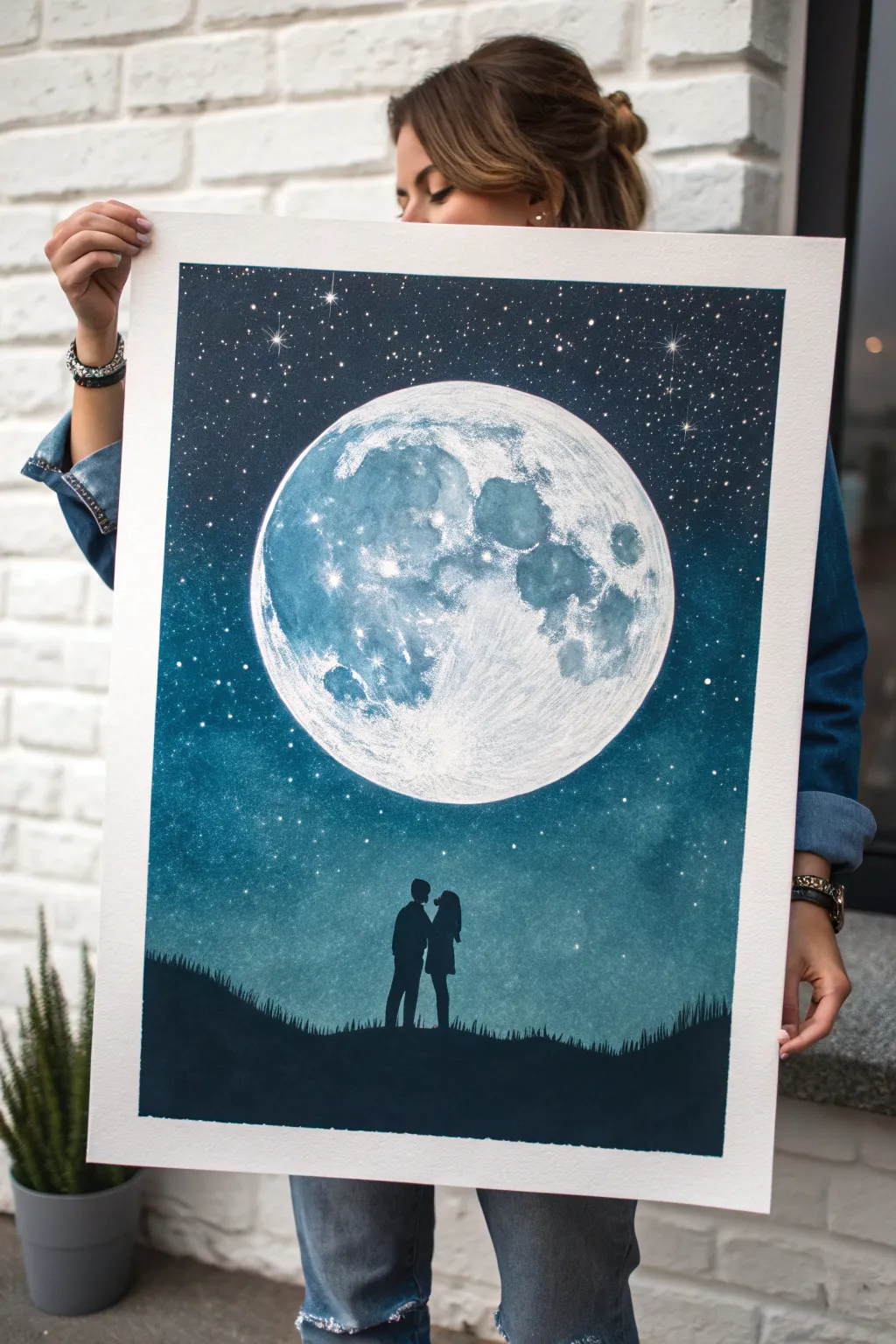 Paint a quiet night: silhouettes beneath a glowing moon in cool blues and silver light.