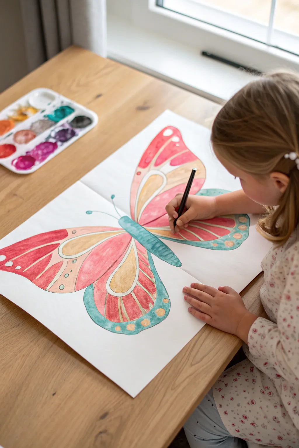 Easy butterfly symmetry fold painting with mirrored wings on bright white paper, perfect for kids.