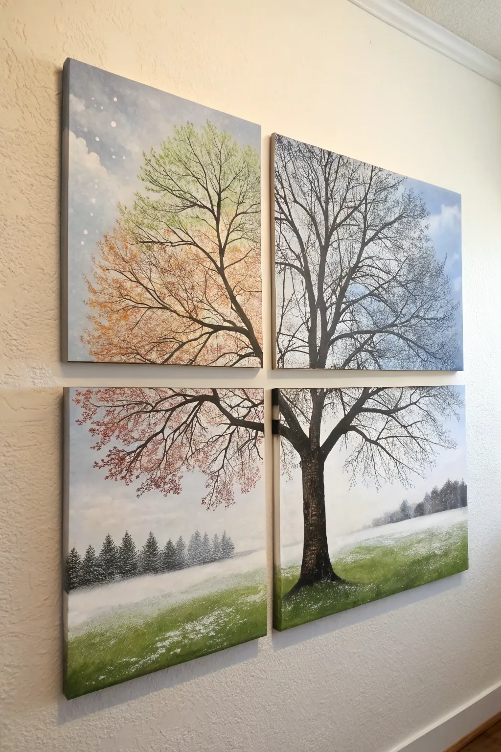 DIY four-panel seasons tree canvas set, minimalist boho colors for a cozy teen room wall.