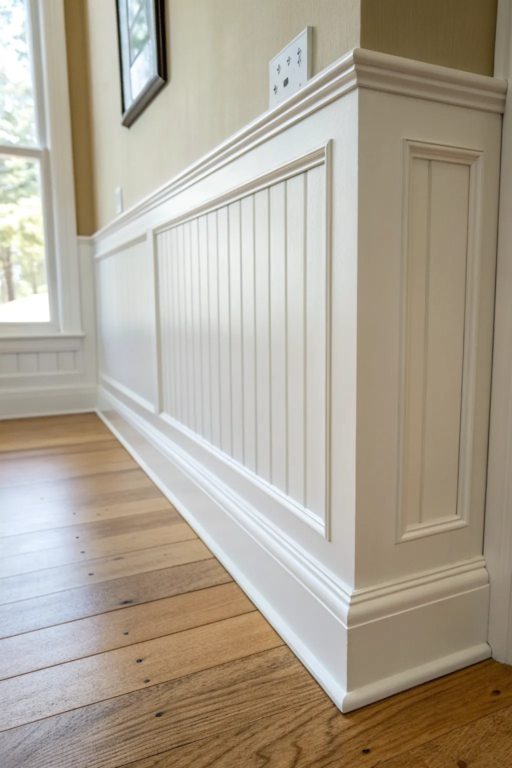 Crisp white trim against painted knotty pine for subtle knots and beautifully clean edges.