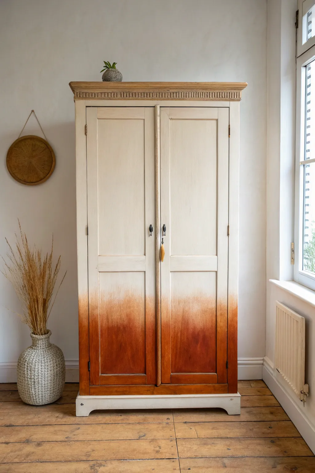 A hand-painted ombre wardrobe fading from soft ivory to deep terracotta for warm minimal charm