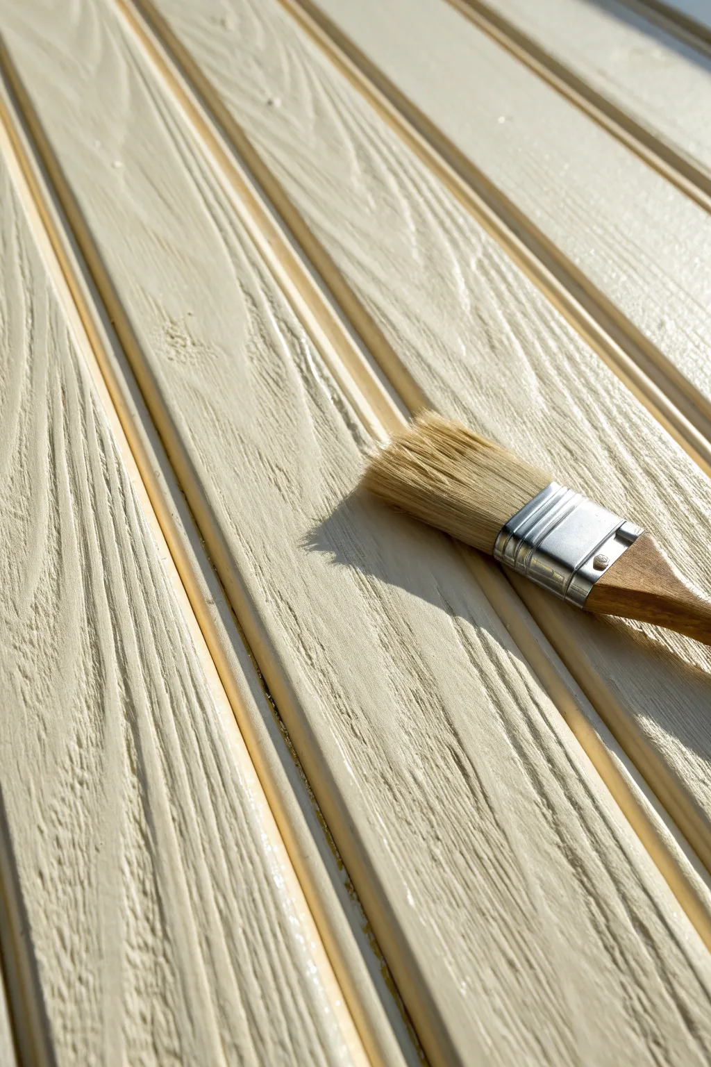 Grazing light reveals painted paneling grooves, keeping texture while adding calm color.