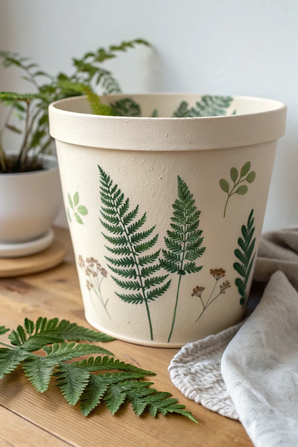 Minimalist DIY: pale plastic pot with hand painted fern stems, styled with real leaves.