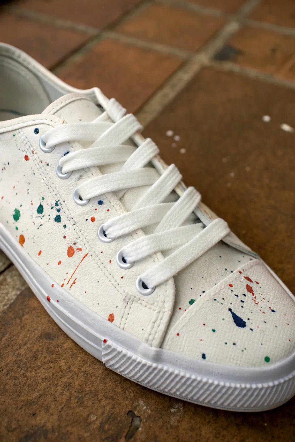Clean white sneaker with taped-off toe and laces, finished with calm, colorful paint splatter.