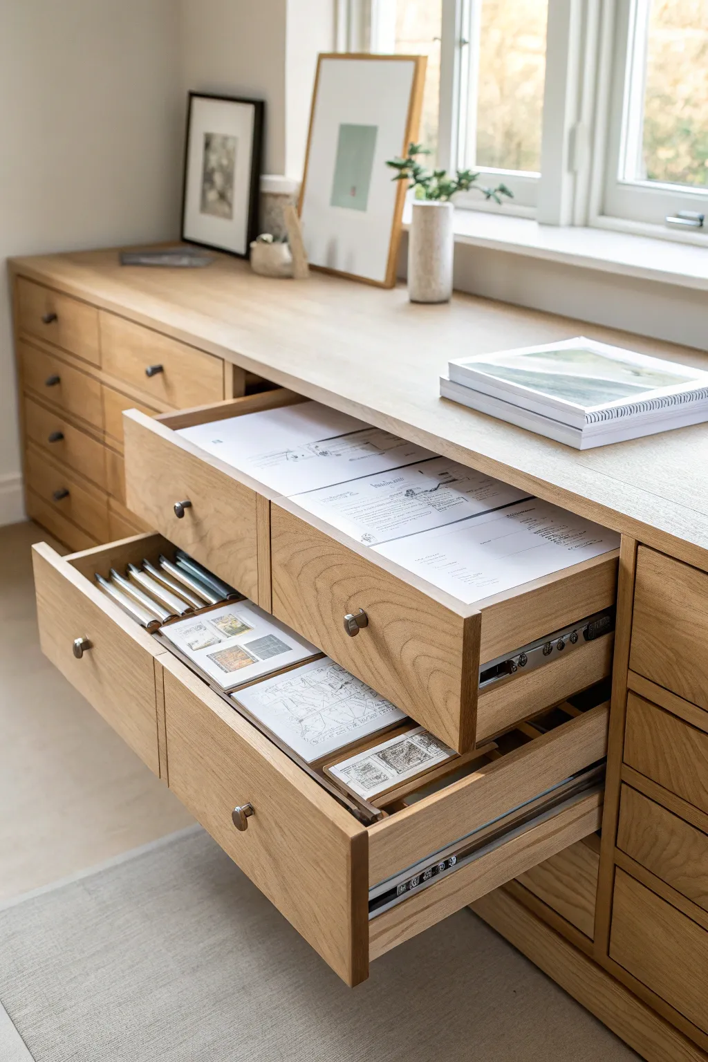 Keep watercolor paper perfectly flat with a shallow flat file drawer for a calm, warp-free studio.