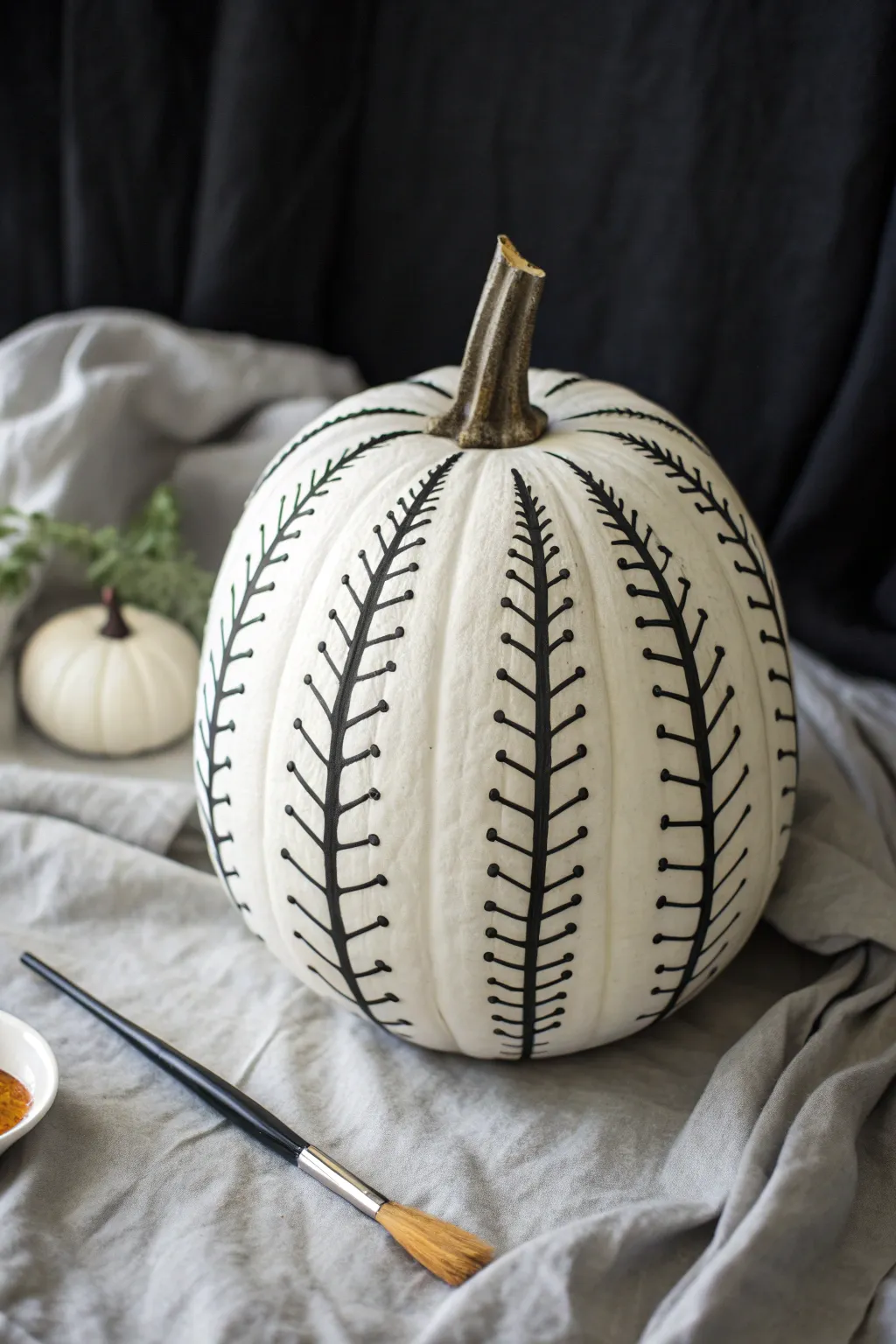 Elegant white pumpkin with fine black ribcage lines, moody minimalist styling and bold contrast