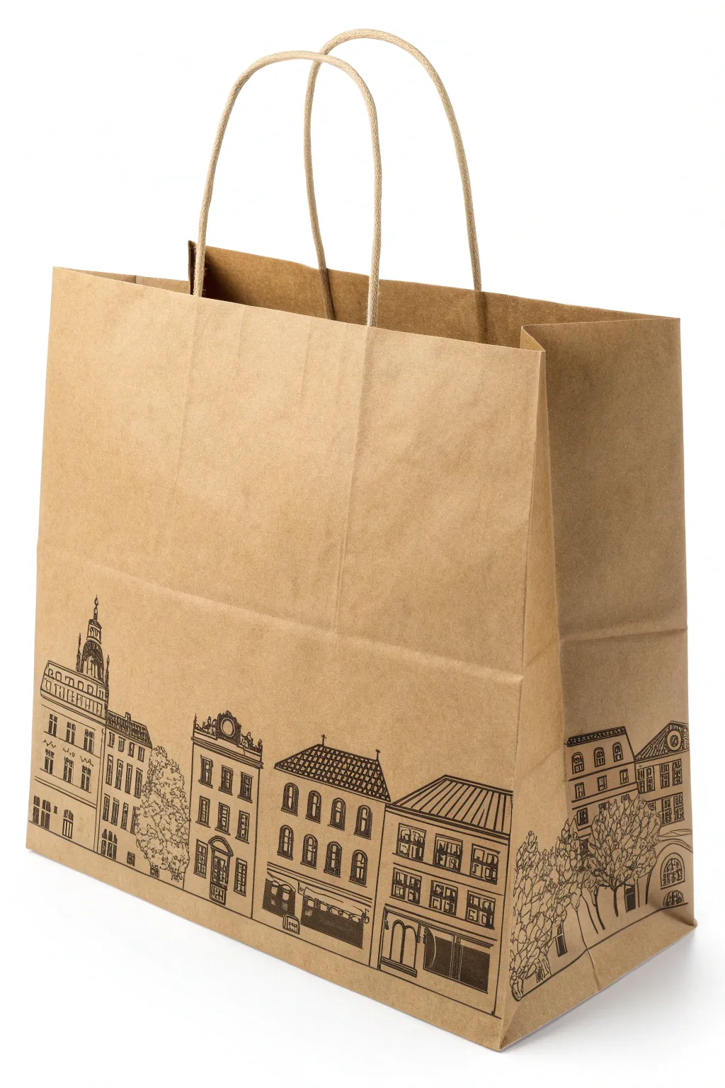 Minimal kraft handled bag with crisp cityscape line sketch, Scandinavian boho drawing idea