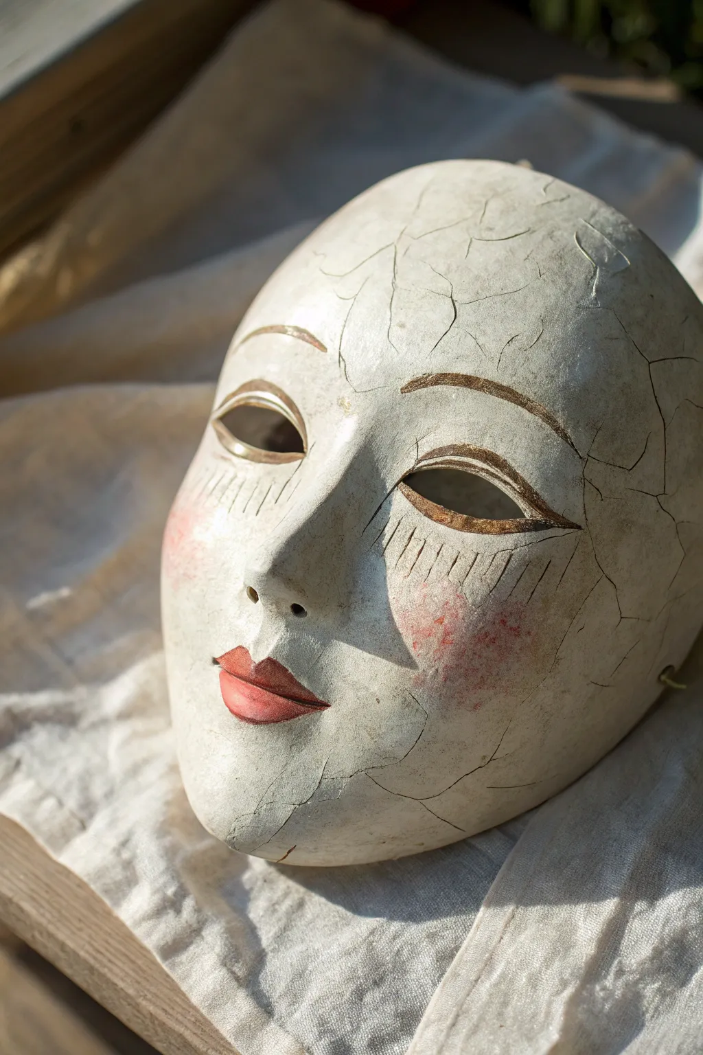 Spooky cracked porcelain doll mask with fine painted cracks on smooth paper mache surface