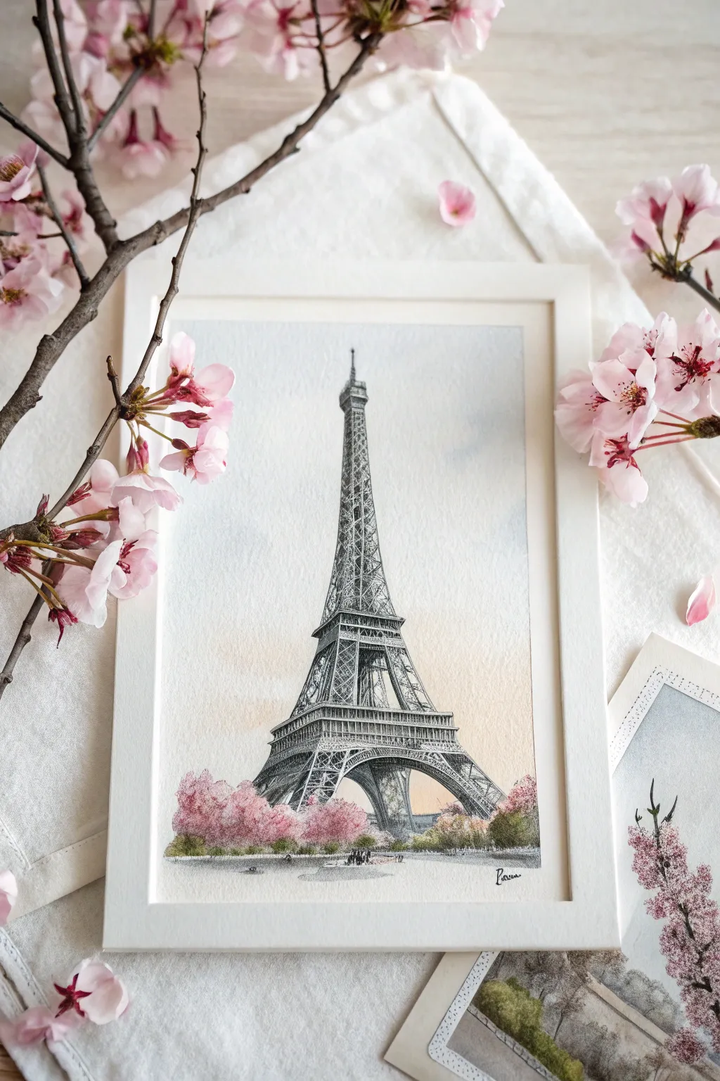 Soft cherry blossoms framing the Eiffel Tower, minimalist spring palette with a gentle boho feel